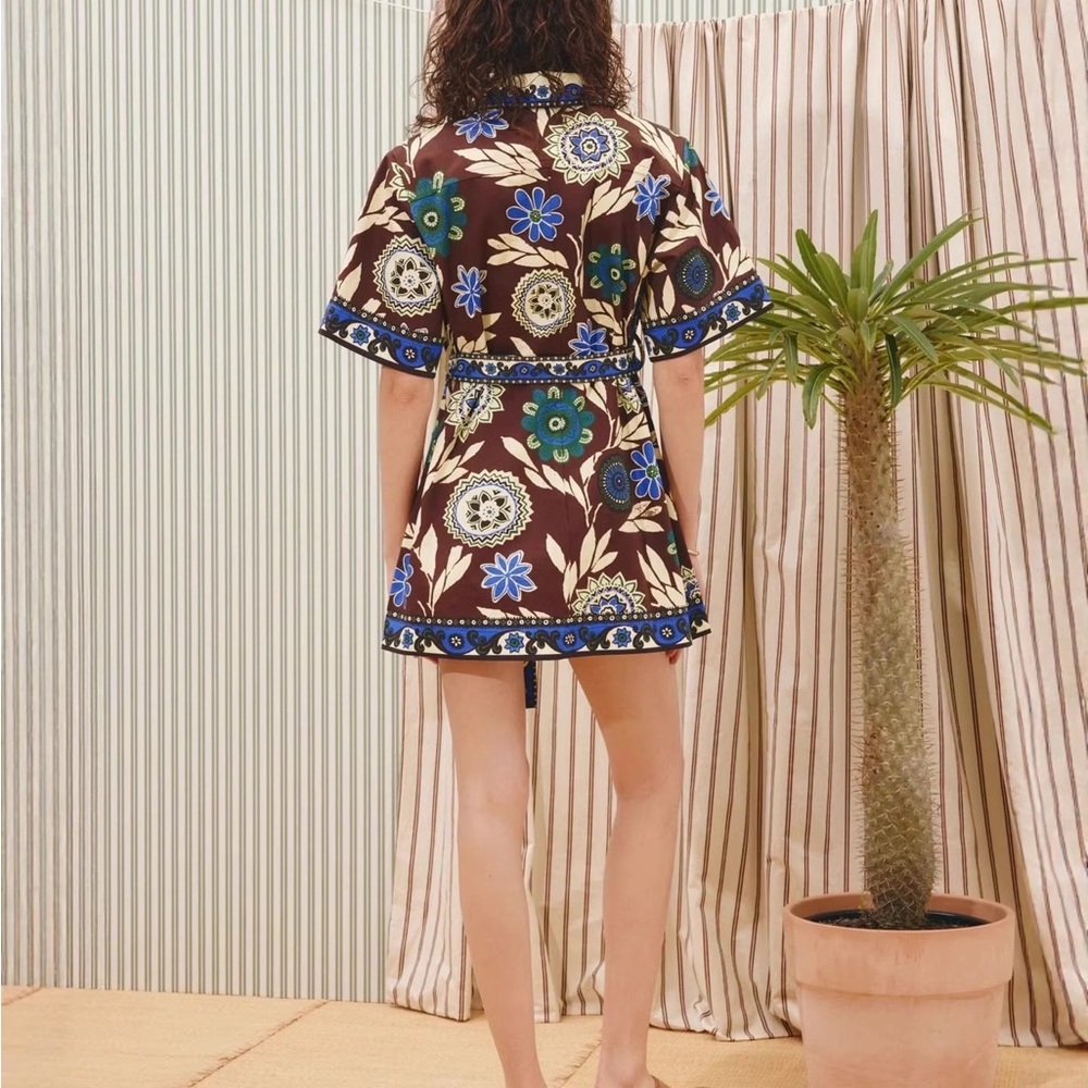Zimmermann Floral Patchwork Belted Mini Dress - Brown & Blue - Picture 2 of 5
